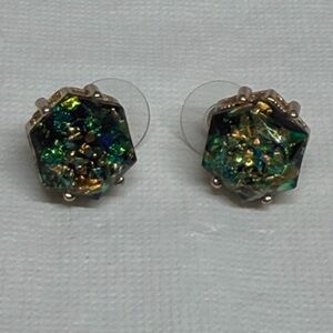 Vintage Faux Fire Opal Stud Earrings Hexagonal Gold Tone Metal Gorgeous